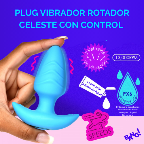 Plug Vibrador Rotador Celeste con Control - Imagen 3